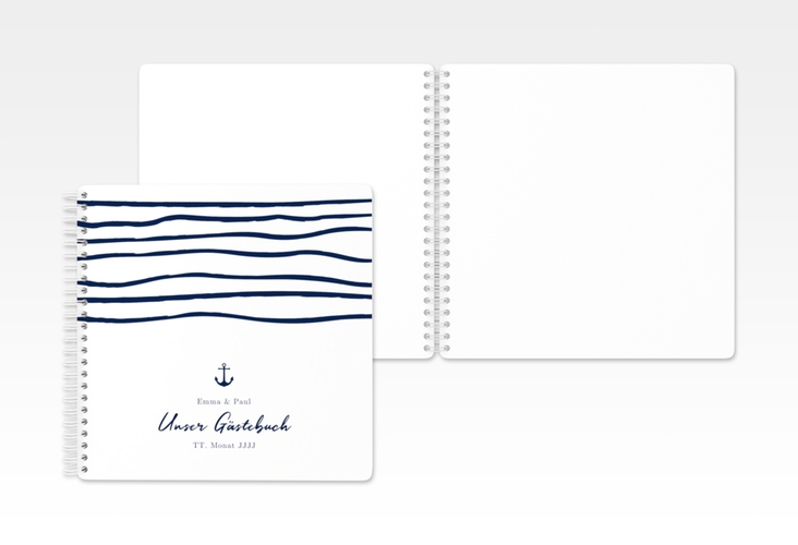 Gästebuch Hochzeit Liebesanker Ringbindung blau mit maritimem Streifenmuster und kleinem Anker
