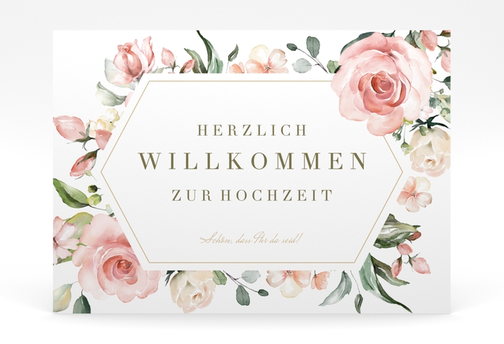 Willkommensschild Poster Graceful 70 x 50 cm Poster weiss mit Rosenblüten in Rosa und Weiß