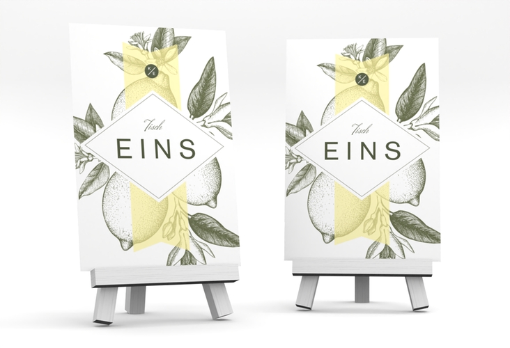 Tischnummer Hochzeit Lemon Tischaufsteller mit mediterranem Zitronen-Kupferstich
