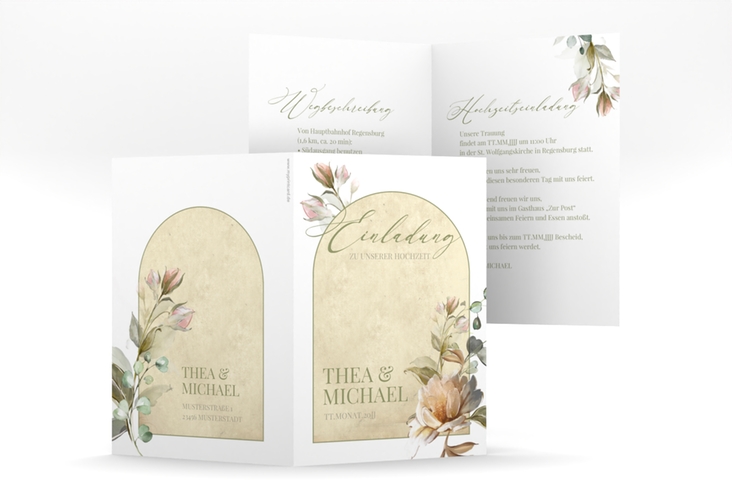 Einladungskarte Hochzeit Dornröschen A6 Klappkarte hoch weiss mit Aquarell-Rosen im Vintage-Look