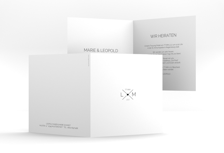 Hochzeitseinladung Initials quadr. Klappkarte schwarz hochglanz mit Initialen im minimalistischen Design