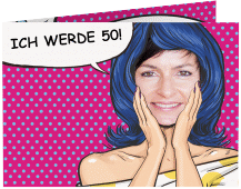 Einladung 50. Geburtstag Popart Woman A6 Klappkarte quer pink