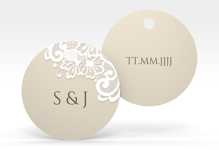 Geschenkanhänger Hochzeit Vintage Geschenkanhänger, rund beige mit floraler Spitze