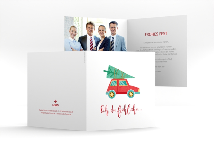 Geschäftliche Weihnachtskarte Weihnachtslust quadr. Klappkarte weiss humorvoll mit Weihnachtsbaum auf Auto