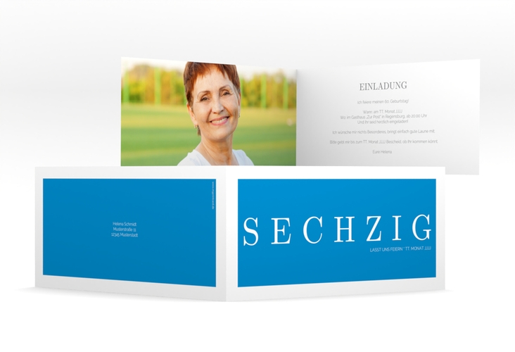 Einladung 60. Geburtstag Schlicht lange Klappkarte quer blau