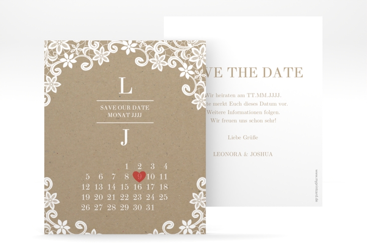 Save the Date-Kalenderblatt Bella Kalenderblatt-Karte mit weißer Brautspitze um Initialen