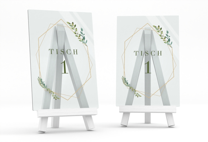 Tischnummer Acryl Hochzeit Herbarium Tischaufsteller Acryl gold mit geometrischem Rahmen und Blätter-Dekor
