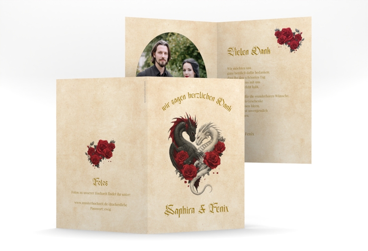 Danksagungskarte Drachenliebe A6 Klappkarte hoch mit schwarzem und weißem Drachen zu einem Herz verschlungen