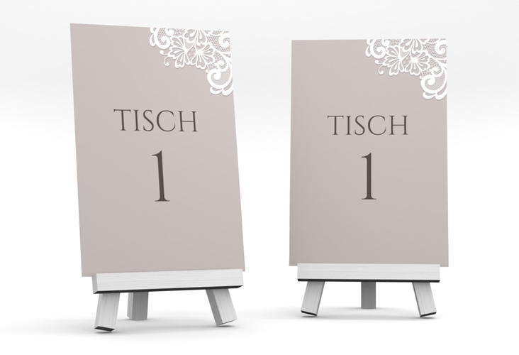 Tischnummer Hochzeit Vintage Tischaufsteller grau mit floraler Spitze