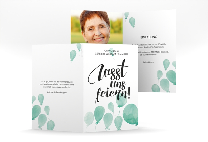 Einladung 60. Geburtstag Ballon A6 Klappkarte hoch gruen mit Luftballons im Aquarell-Design