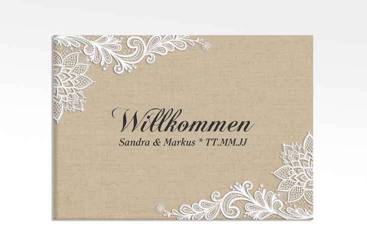 Willkommensschild Leinwand Lace 70 x 50 cm Leinwand in Leinen-Optik mit weißer Spitze