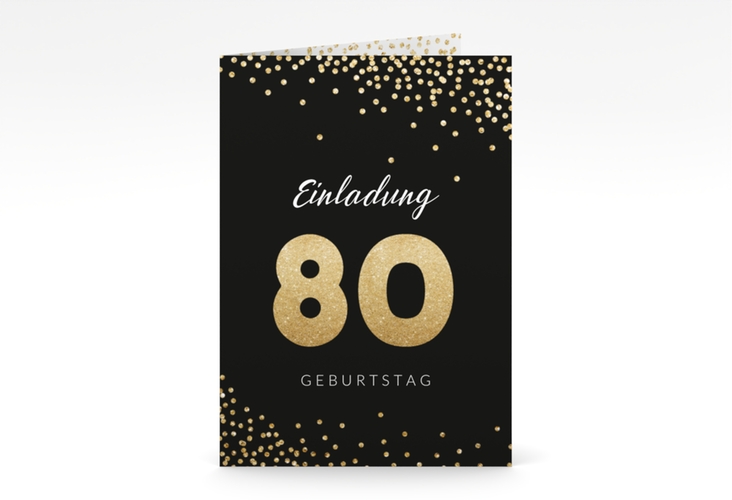 Einladung 80. Geburtstag Glitzer A6 Klappkarte hoch gold hochglanz