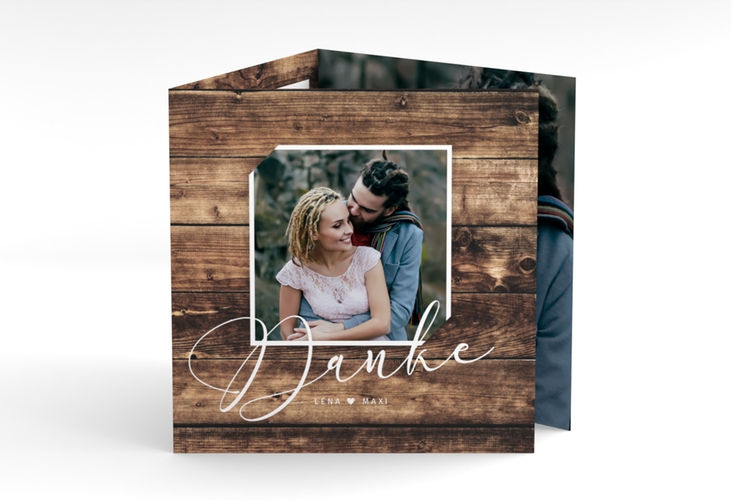 Dankeskarte Hochzeit Rustic quadr. Doppel-Klappkarte braun in Holz-Optik mit Foto