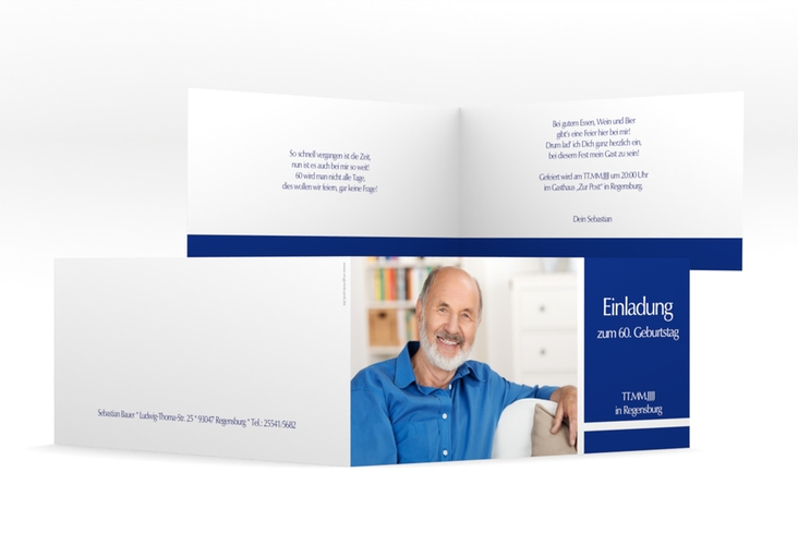 Einladung 60. Geburtstag Gerd/Gerda lange Klappkarte quer blau mit Foto