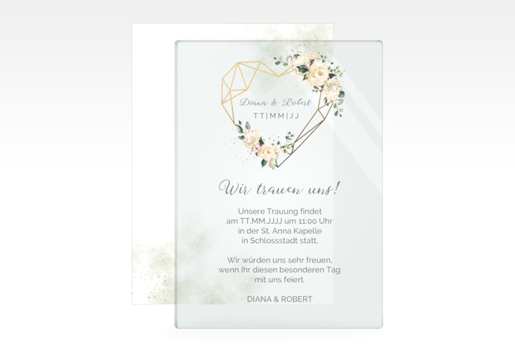 Acryl-Hochzeitseinladung Adore Acrylkarte + Deckblatt hoch gruen hochglanz