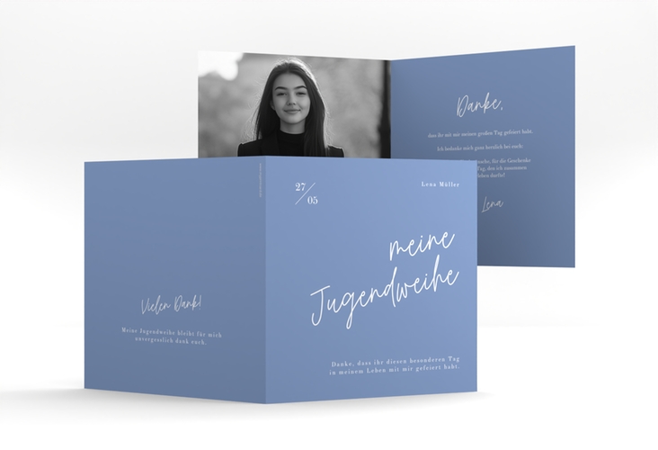 Danksagungskarte Jugendweihe Frisch quadr. Klappkarte blau