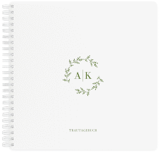 Trautagebuch Hochzeit Filigrana Trautagebuch Hochzeit gruen in reduziertem Design mit Initialen und zartem Blätterkranz