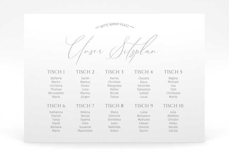 Sitzplan Poster Hochzeit Federschrift 70 x 50 cm Poster weiss in schlichtem Design mit Kalligrafie