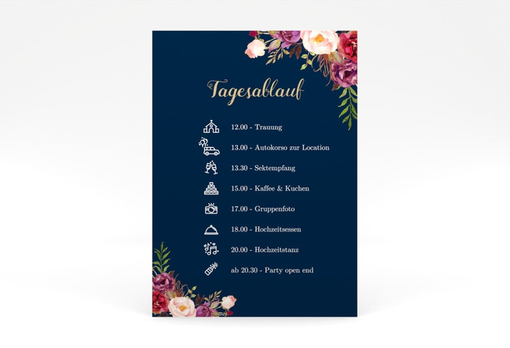 Tagesablauf Poster Hochzeit Flowers 50 x 70 cm Poster blau mit bunten Aquarell-Blumen