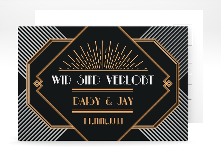 Verlobungskarte Hochzeit Gatsby A6 Postkarte schwarz im 20er-Jahre-Stil