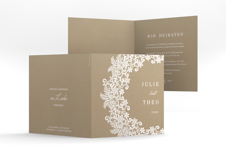 Hochzeitseinladung Mariage quadr. Klappkarte Kraftpapier mit Bogen aus weißer Spitze