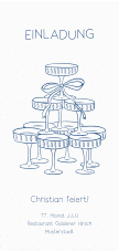Einladung Geburtstag Sektpyramide lange Karte hoch blau mit einfacher Illustration in Dunkelblau