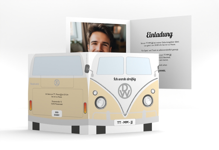Einladung 30. Geburtstag Bulli Bus quadr. Klappkarte beige