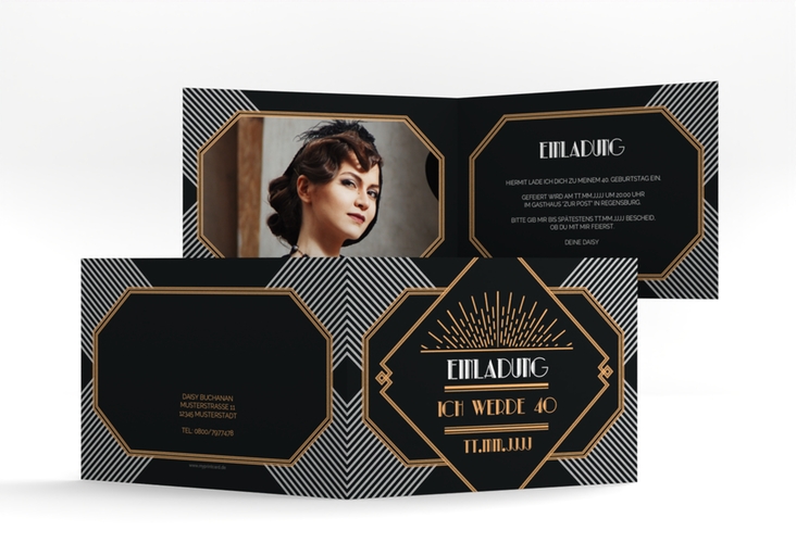 Einladung 40. Geburtstag Glamour A6 Klappkarte quer im Jugendstil-Design