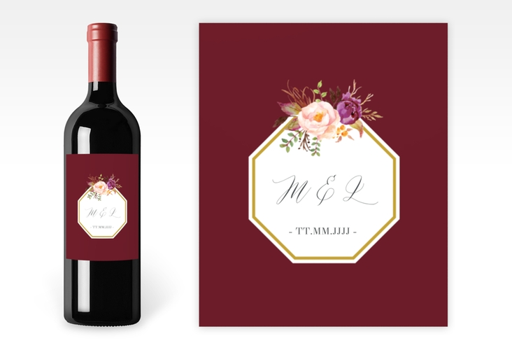 Weinetikett zur Hochzeit "Prachtvoll" Etikett Weinflasche 4er Set rot