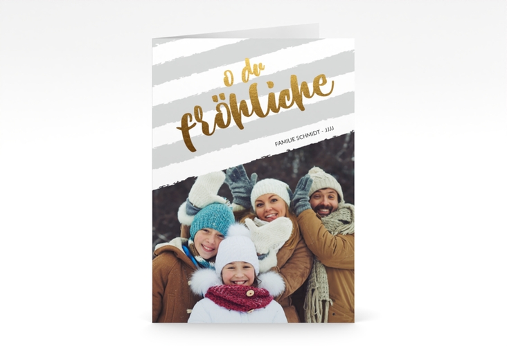 Weihnachtskarte Weihnachtslied A6 Klappkarte hoch grau gestreift mit Familienfoto