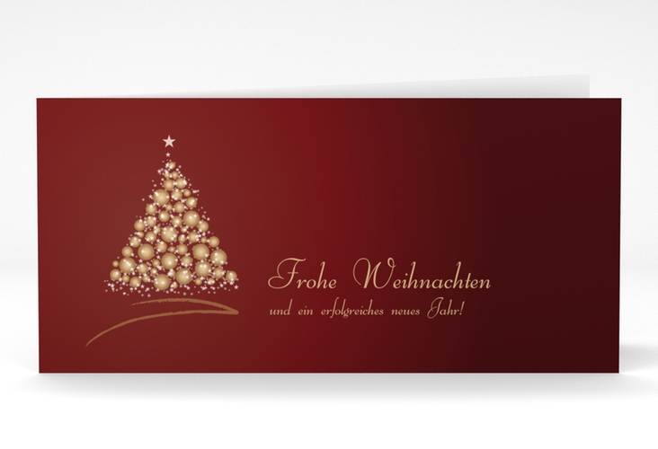 Business-Weihnachtskarte Goldverlauf lange Klappkarte quer rot mit Weihnachtsbaum-Motiv
