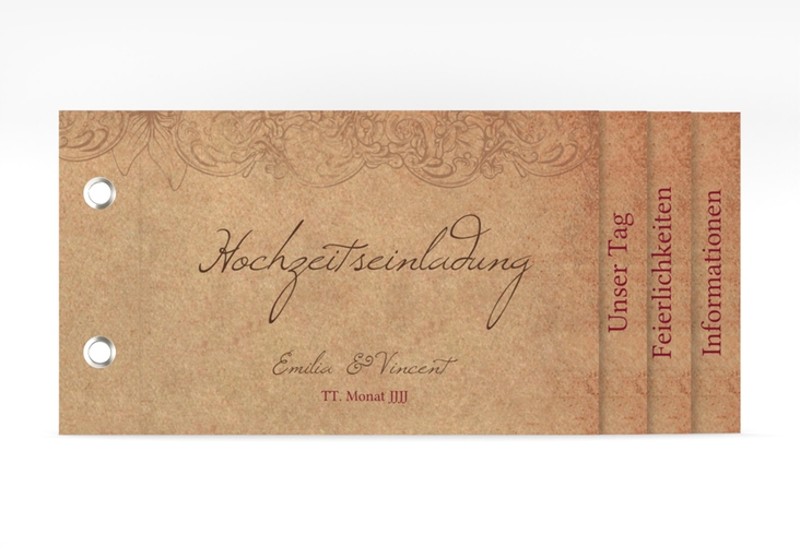 Hochzeitseinladung Fairytale Booklet braun hochglanz mit Vintage-Bordüre