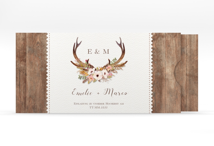 Hochzeitseinladung Heimatjuwel Einsteckkarte braun hochglanz mit Hirschgeweih und Holz-Hintergrund