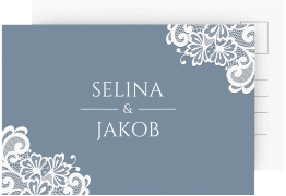 Klick: Details zu Antwortkarte Hochzeit "Vintage" anzeigen Antwortkarte Hochzeit Vintage A6 Postkarte blau mit floraler Spitze