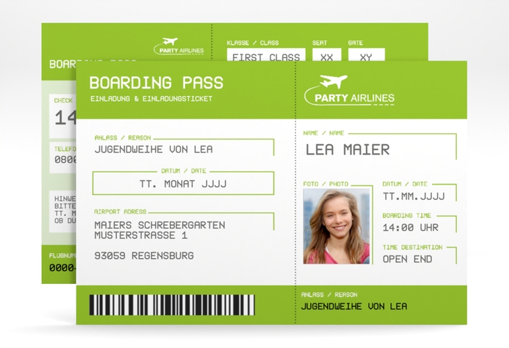 Einladung Jugendweihe Ticket A6 Karte quer gruen