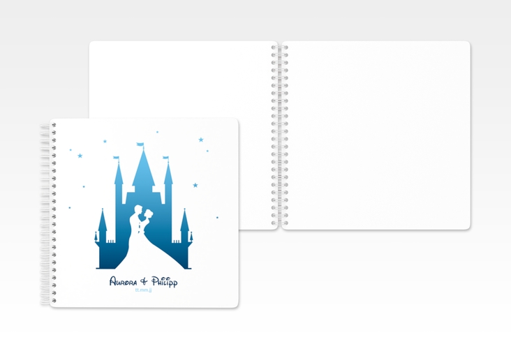 Gästebuch Hochzeit Castle Ringbindung blau mit Silhouette von Märchenschloss mit Prinz und Prinzessin