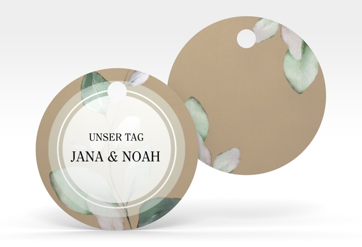 Geschenkanhänger Hochzeit Foglia Geschenkanhänger, rund Kraftpapier edel mit Eukalyptus im Aquarell-Design