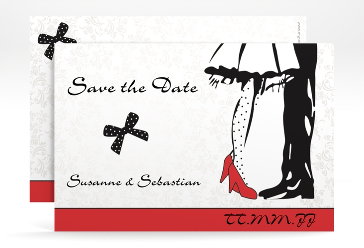 Save the Date-Karte Hochzeit Straßburg A6 Karte quer rot hochglanz mit Rockabilly-Brautpaar