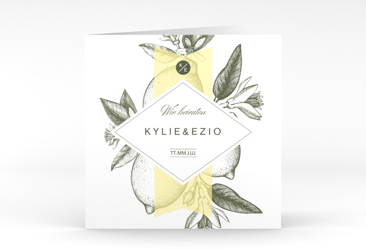Hochzeitseinladung Lemon quadr. Klappkarte mit mediterranem Zitronen-Kupferstich