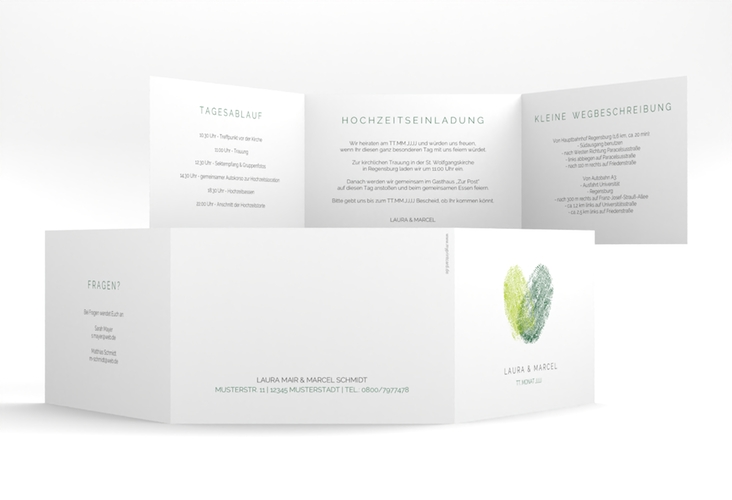 Hochzeitseinladung Fingerprint A6 Doppel-Klappkarte gruen hochglanz schlicht mit Fingerabdruck-Motiv