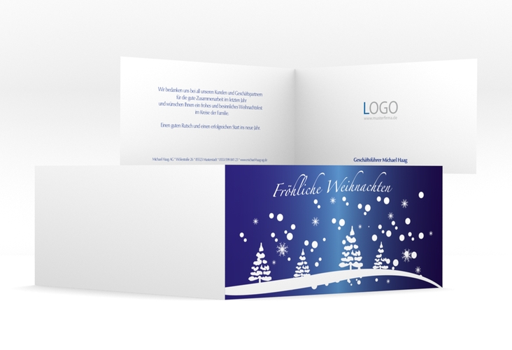 Geschäftliche Weihnachtskarte Tannen lange Klappkarte quer blau