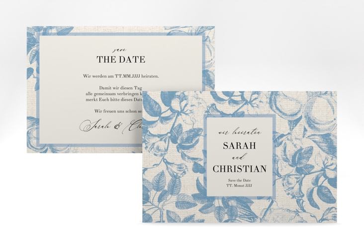 Save the Date-Karte Toile A6 Karte quer mit Blättermuster im Toile-de-Jouy-Stil