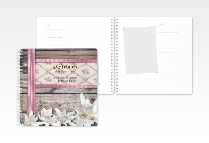 Gästebuch Hochzeit Bayern Ringbindung rot mit Edelweiß in rustikaler Holz-Optik