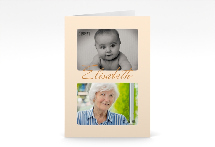 Einladung 80. Geburtstag Zeitlos A6 Klappkarte hoch beige mit Damals- und Heute-Fotos