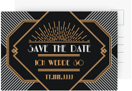 Save the Date-Postkarte Geburtstag Glamour A6 Postkarte schwarz im Art Déco Stil der 20er Jahre