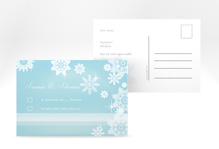Antwortkarte Hochzeit Meran A6 Postkarte hochglanz in Hellblau mit Schneeflocken