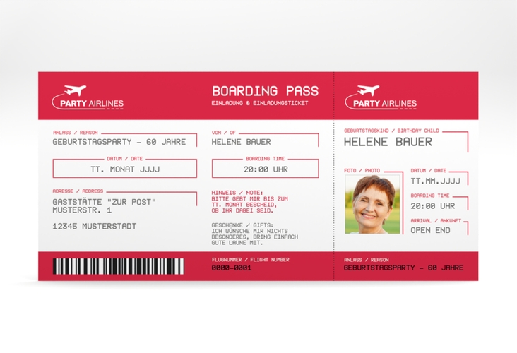 Einladung 60. Geburtstag Boardingpass lange Karte quer rot