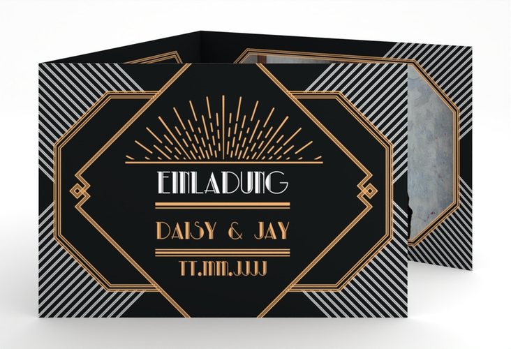 Hochzeitseinladung Gatsby A6 Doppel-Klappkarte schwarz im 20er-Jahre-Stil