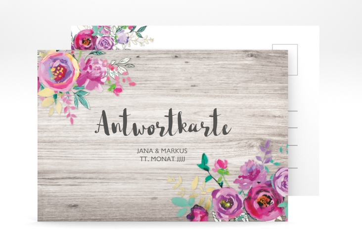 Antwortkarte Hochzeit Flourish A6 Postkarte weiss mit floraler Bauernmalerei auf Holz