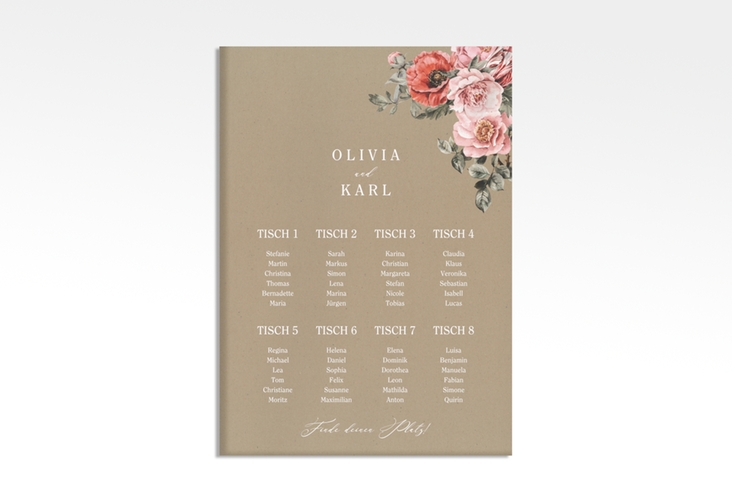 Sitzplan Leinwand Hochzeit Grazioso 50 x 70 cm Leinwand Kraftpapier modern mit Mohnblumen und Rosen